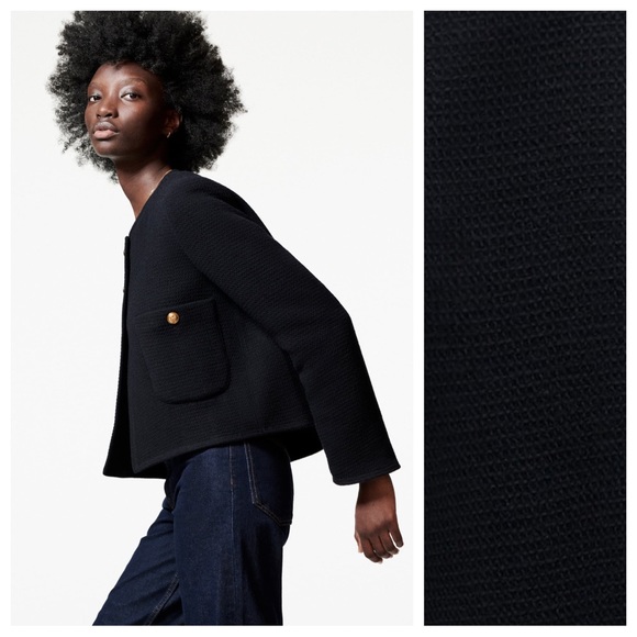 NWOT. Zara Navy Blue Textured Wool Blend Metal Buttons Jacket. Size M. - Picture 4 of 11